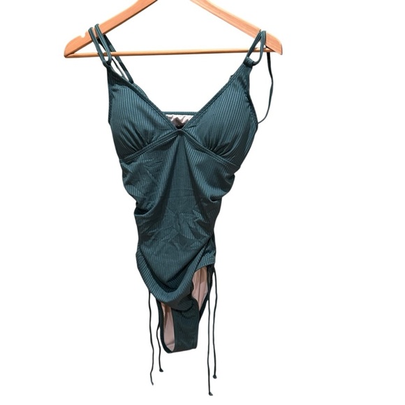 Teal Strappy One-Piece Swimsuit Womens Ruched V Neck Tie Side Size Medium - Picture 2 of 13